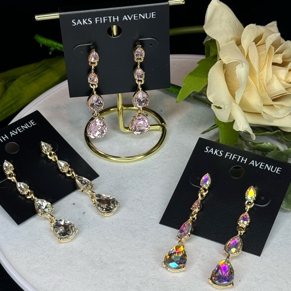 Simply Elegant Saks Fifth Avenue Pink Crystal Dangle Statement Earrings 2.25in - Picture 8 of 9